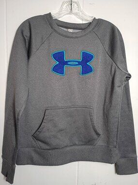 Under Armour Gray Semi-Fitted Cold Gear Crewneck Sweatshirt Blue Logo Womens S